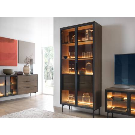 Witryna wysoka 90 cm dąb dunin + carny LED z szufladami LIMA